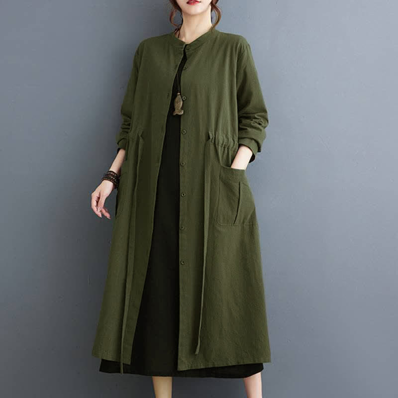 Buddha Stones Fall Casual Vintage Mandarin Collar Button-Up Solid Lace-up Women's Long Sleeve Dress With Pockets - image 1