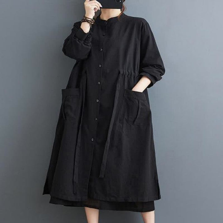 Buddha Stones Fall Casual Vintage Mandarin Collar Button-Up Solid Lace-up Women's Long Sleeve Dress With Pockets - image 5