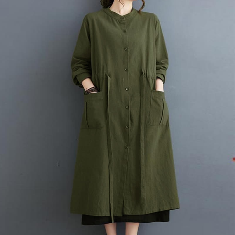 Buddha Stones Fall Casual Vintage Mandarin Collar Button-Up Solid Lace-up Women's Long Sleeve Dress With Pockets - image 3