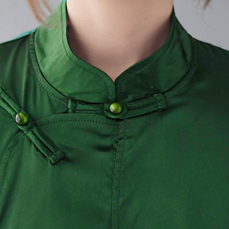 Buddha Stones Spring Elegant Tang Style Frog Button Solid Green Women's Long Sleeve Shirts - image 5