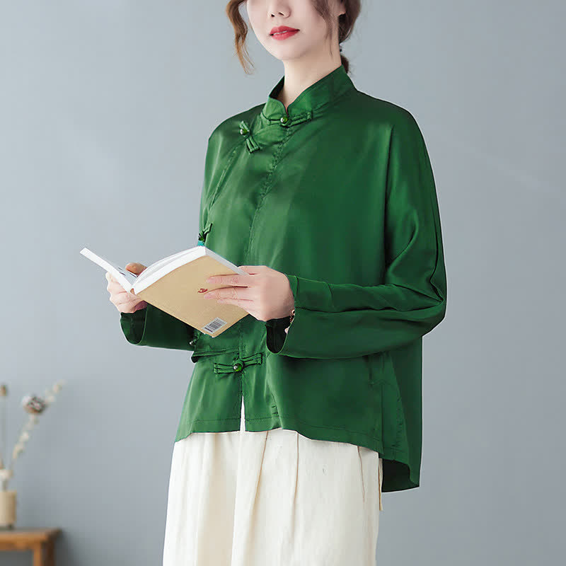 Buddha Stones Spring Elegant Tang Style Frog Button Solid Green Women's Long Sleeve Shirts - image 2