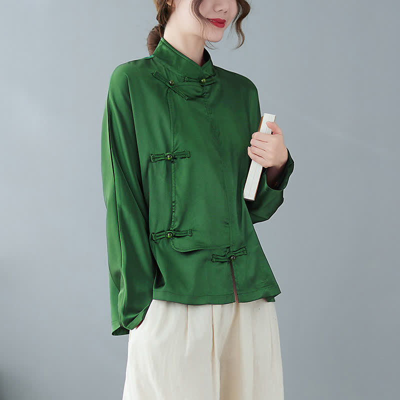 Buddha Stones Spring Elegant Tang Style Frog Button Solid Green Women's Long Sleeve Shirts - image 1