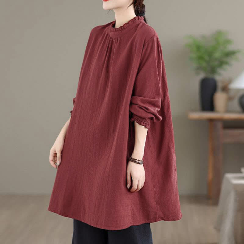 Buddha Stones Spring Fall Casual Vintage Button-Up Solid Tunic Women's Long Sleeve Shirts With Pocket - image 3