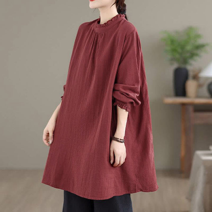 Buddha Stones Spring Fall Casual Vintage Button-Up Solid Tunic Women's Long Sleeve Shirts With Pocket - image 3