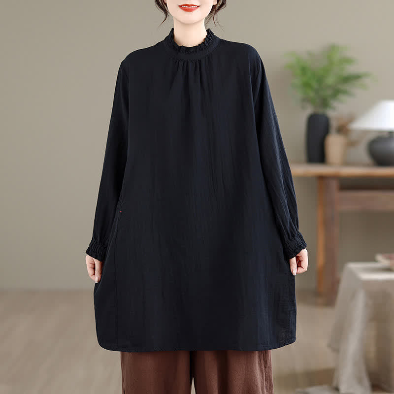 Buddha Stones Spring Fall Casual Vintage Button-Up Solid Tunic Women's Long Sleeve Shirts With Pocket - image 18