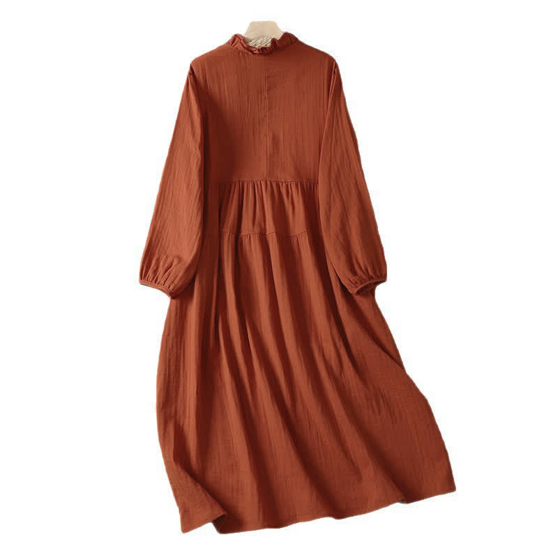 Buddha Stones Fall Vintage Boho Solid V-Neck Women's Long Sleeve Dress With Pocket - image 1