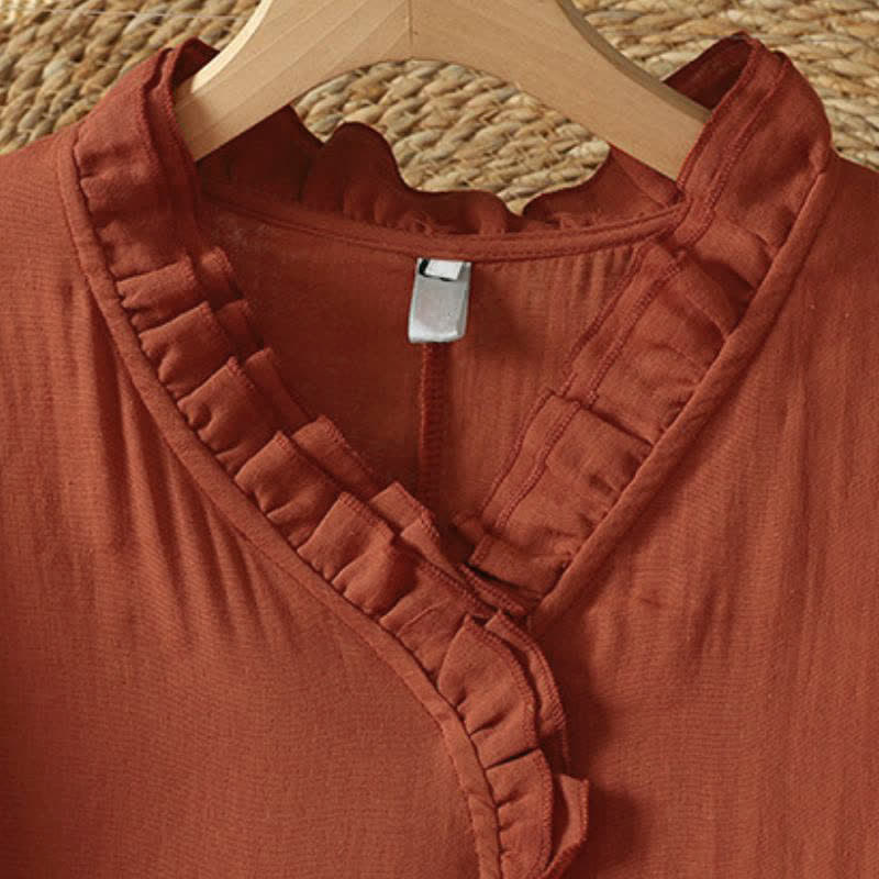 Buddha Stones Fall Vintage Boho Solid V-Neck Women's Long Sleeve Dress With Pocket - image 3