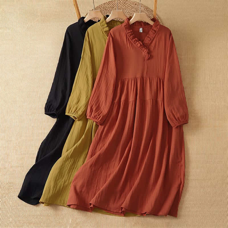 Buddha Stones Fall Vintage Boho Solid V-Neck Women's Long Sleeve Dress With Pocket - image 15