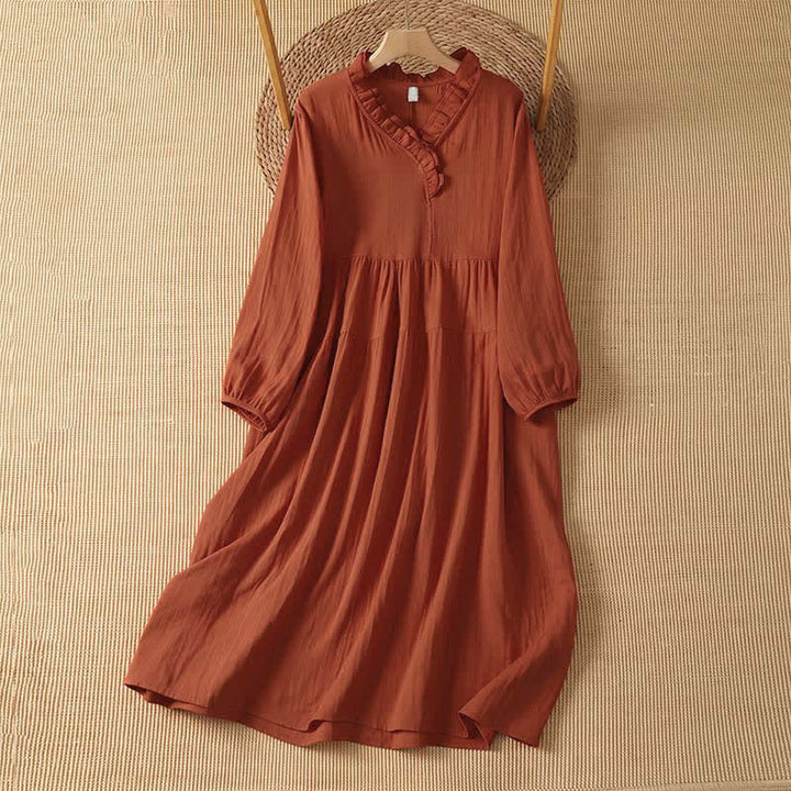 Buddha Stones Fall Vintage Boho Solid V-Neck Women's Long Sleeve Dress With Pocket - Coral - US14, UK/AU18, EU46 (2XL) - image 0