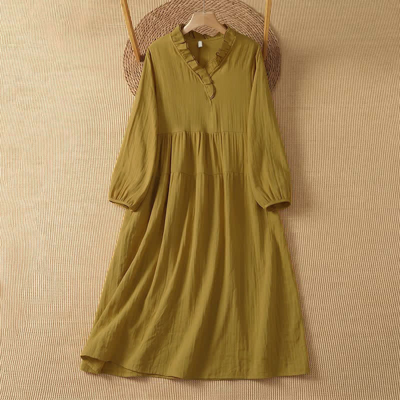 Buddha Stones Fall Vintage Boho Solid V-Neck Women's Long Sleeve Dress With Pocket - DarkKhaki - US14, UK/AU18, EU46 (2XL) - image 9