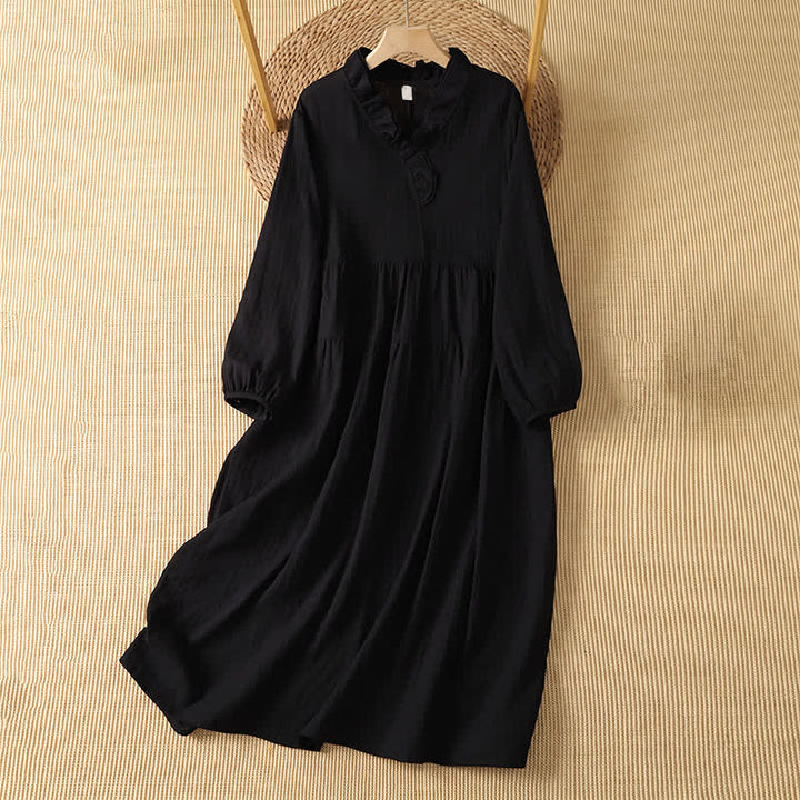 Buddha Stones Fall Vintage Boho Solid V-Neck Women's Long Sleeve Dress With Pocket - Black - US14, UK/AU18, EU46 (2XL) - image 12