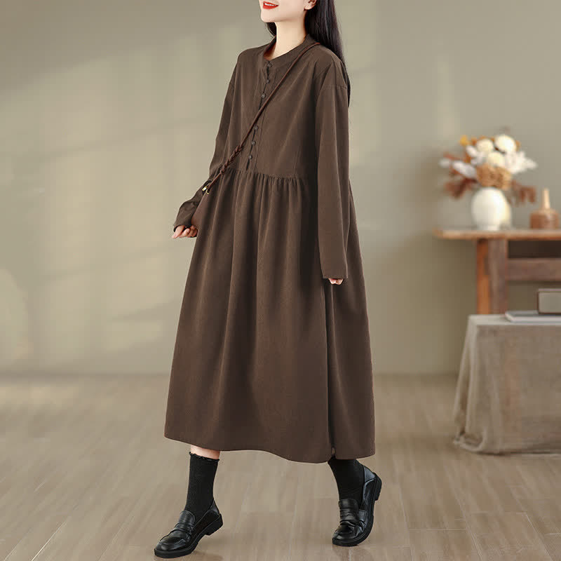 Buddha Stones Fall Casual Minimalist Button-Up Solid Crew Neck Women's Long Sleeve Dress With Pocket - image 5