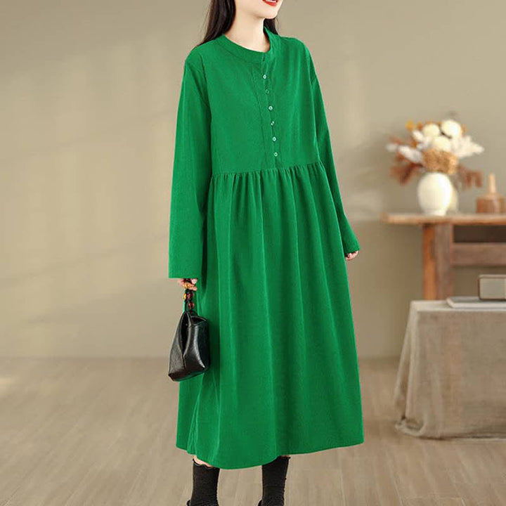 Buddha Stones Fall Casual Minimalist Button-Up Solid Crew Neck Women's Long Sleeve Dress With Pocket - image 8