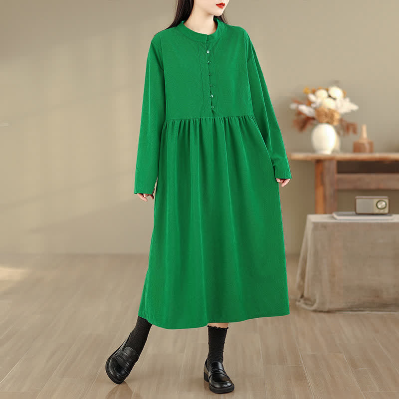 Buddha Stones Fall Casual Minimalist Button-Up Solid Crew Neck Women's Long Sleeve Dress With Pocket - image 10