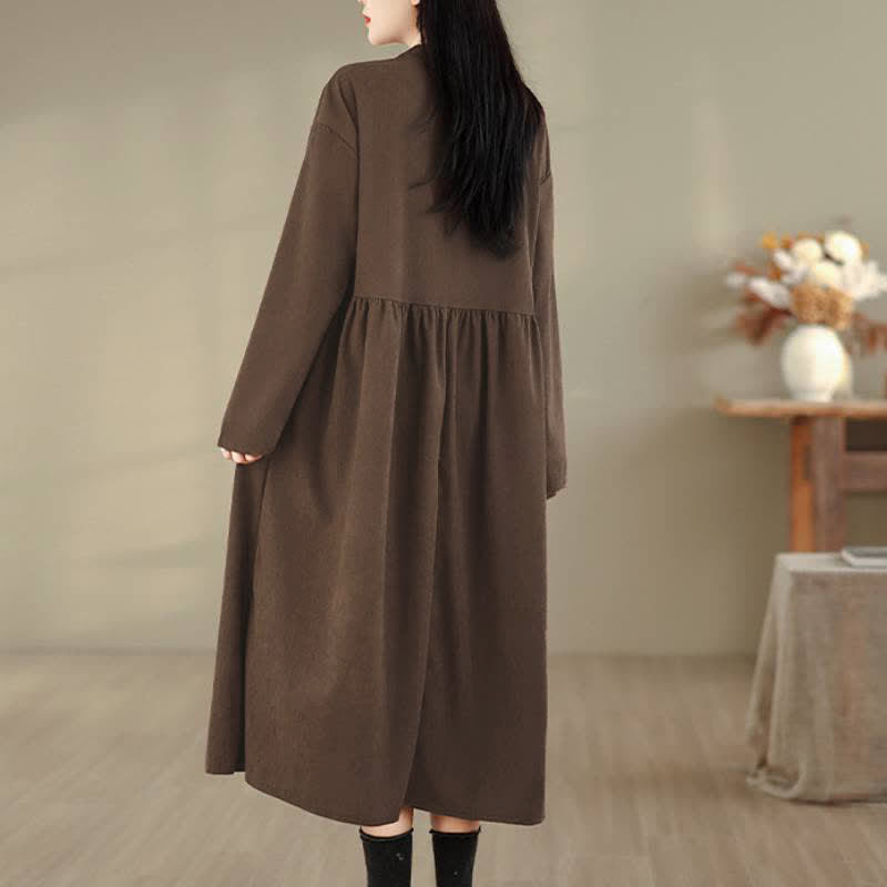 Buddha Stones Fall Casual Minimalist Button-Up Solid Crew Neck Women's Long Sleeve Dress With Pocket - image 4