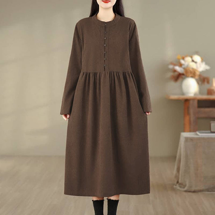 Buddha Stones Fall Casual Minimalist Button-Up Solid Crew Neck Women's Long Sleeve Dress With Pocket - image 1