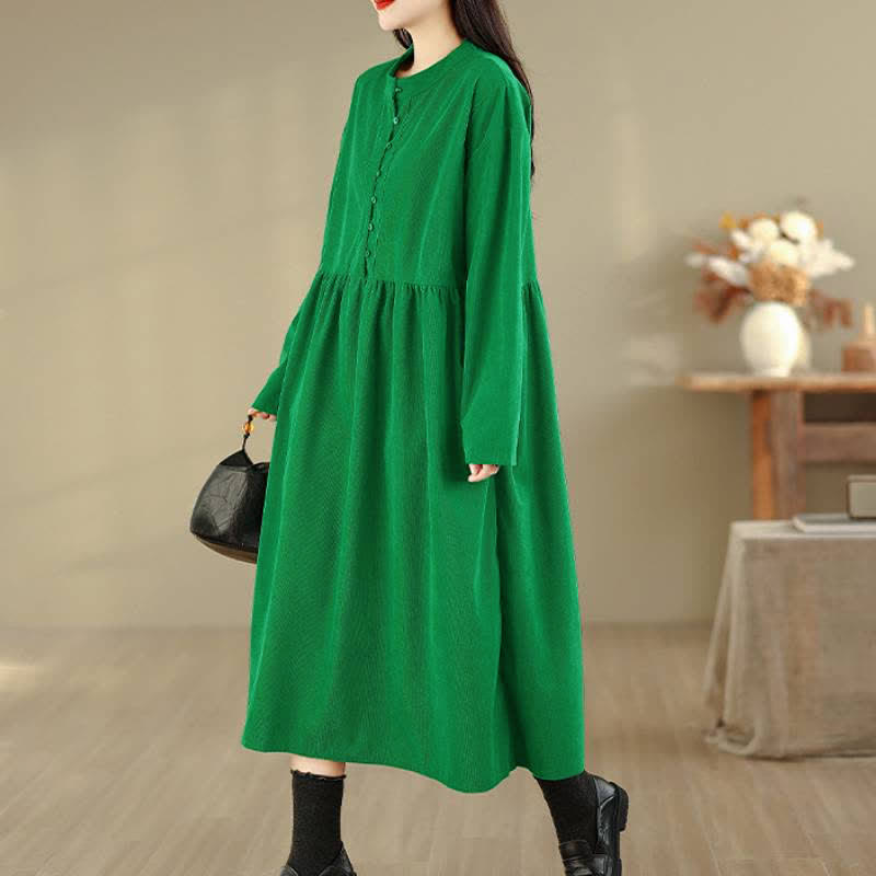 Buddha Stones Fall Casual Minimalist Button-Up Solid Crew Neck Women's Long Sleeve Dress With Pocket - image 9