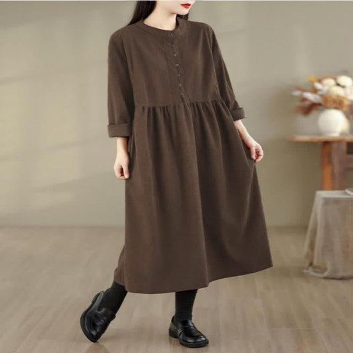 Buddha Stones Fall Casual Minimalist Button-Up Solid Crew Neck Women's Long Sleeve Dress With Pocket - image 2