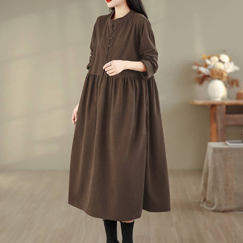 Buddha Stones Fall Casual Minimalist Button-Up Solid Crew Neck Women's Long Sleeve Dress With Pocket - image 3