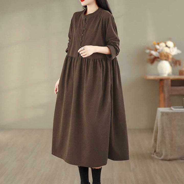 Buddha Stones Fall Casual Minimalist Button-Up Solid Crew Neck Women's Long Sleeve Dress With Pocket - image 3
