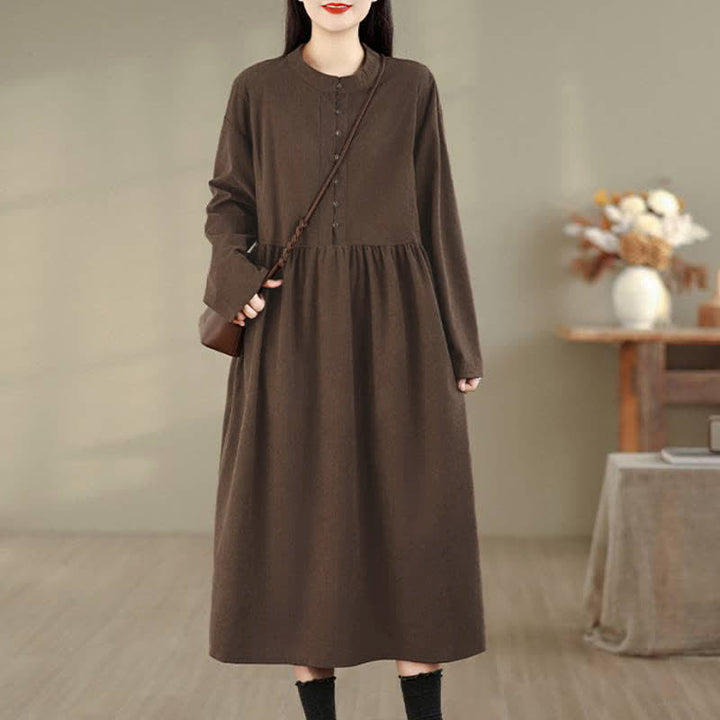 Buddha Stones Fall Casual Minimalist Button-Up Solid Crew Neck Women's Long Sleeve Dress With Pocket - SaddleBrown - US8-10, UK/AU12-14, EU40-42 (XL) - image 0