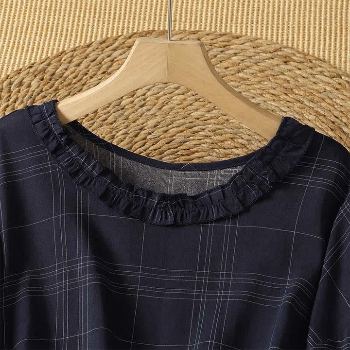 Buddha Stones Spring Fall Casual Vintage MidnightBlue Plaid Women's Long Sleeve Dress - image 4