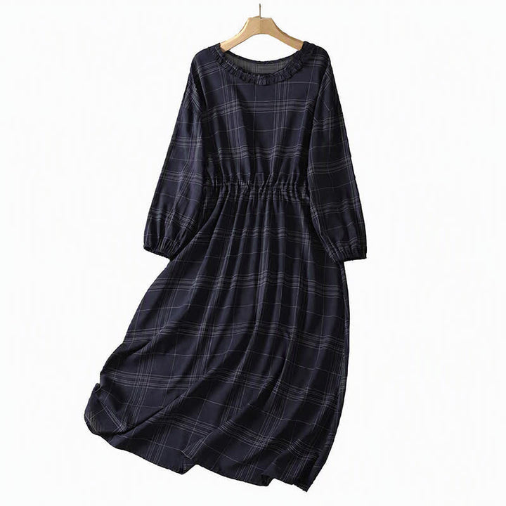 Buddha Stones Spring Fall Casual Vintage MidnightBlue Plaid Women's Long Sleeve Dress - image 2