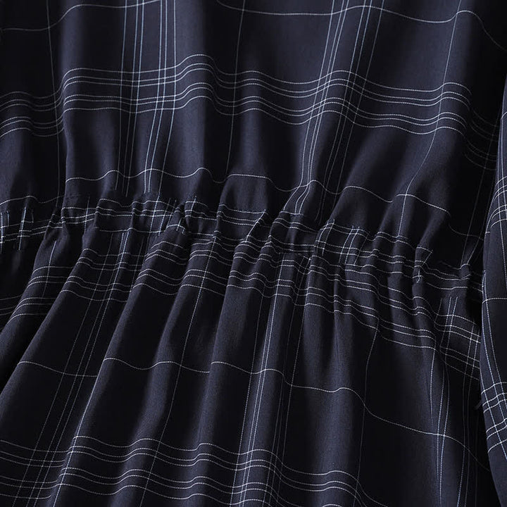 Buddha Stones Spring Fall Casual Vintage MidnightBlue Plaid Women's Long Sleeve Dress - image 5