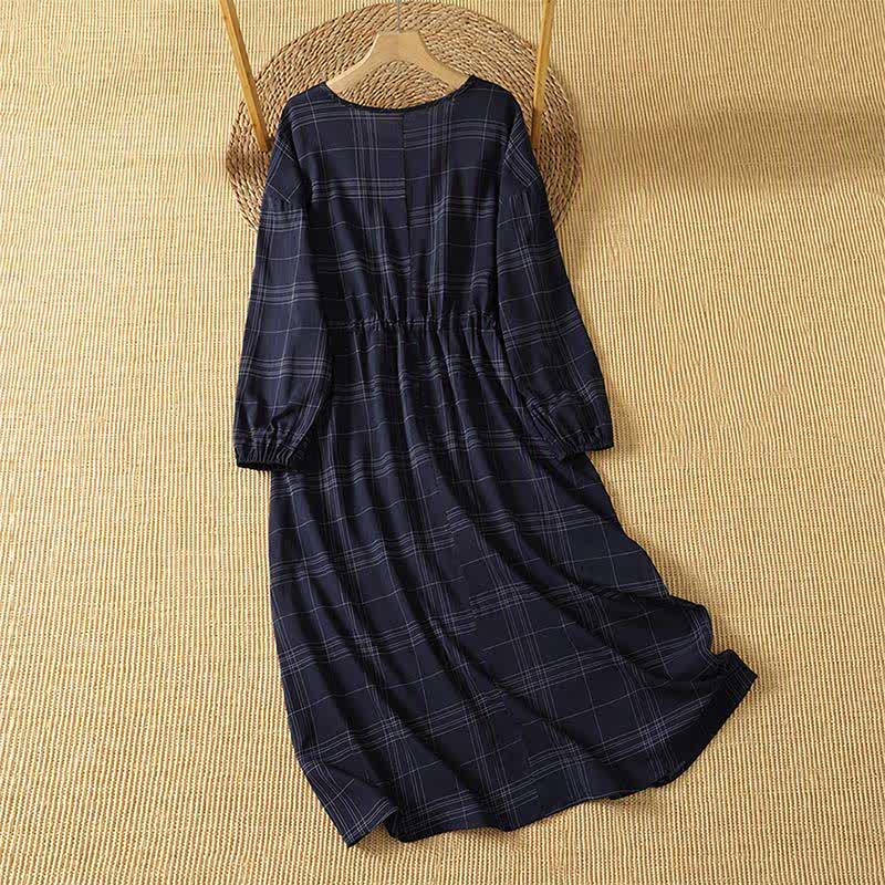 Buddha Stones Spring Fall Casual Vintage MidnightBlue Plaid Women's Long Sleeve Dress - image 1