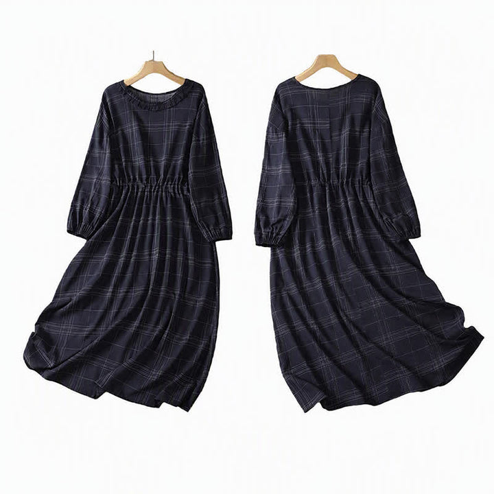 Buddha Stones Spring Fall Casual Vintage MidnightBlue Plaid Women's Long Sleeve Dress - image 3