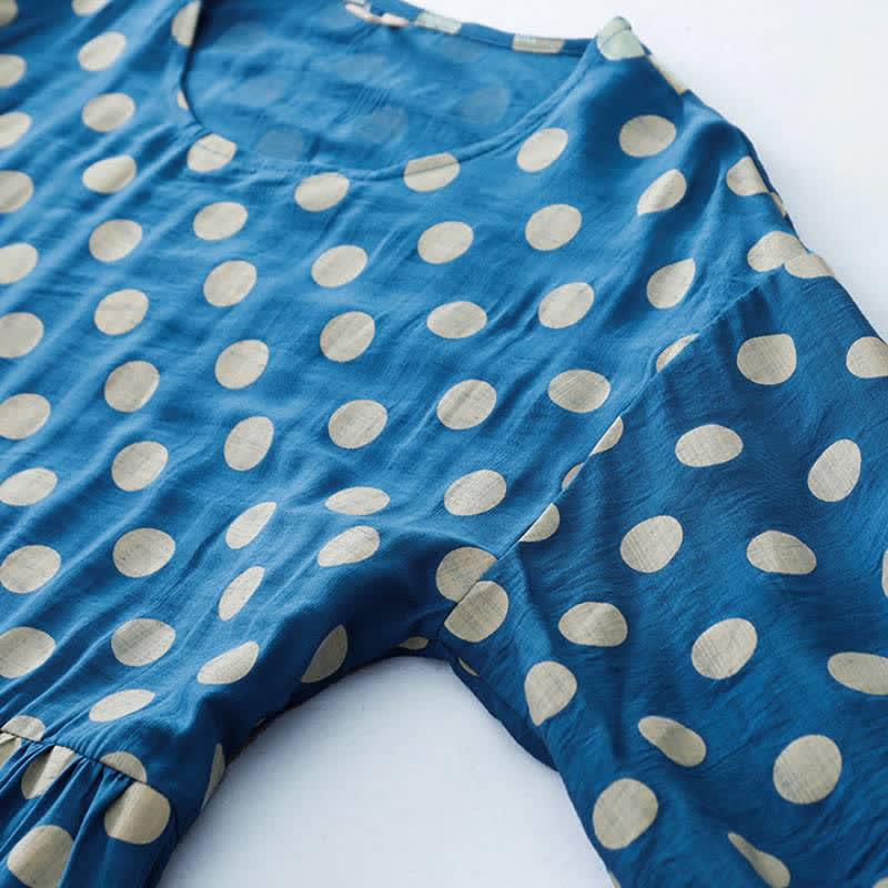 Buddha Stones Spring Casual Vintage Blue White Polka Dot Women's Long Sleeve Dress With Pockets - image 8