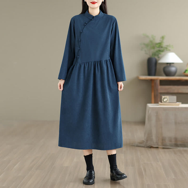 Buddha Stones Fall Vintage Tang Style Frog Button Solid Women's Long Sleeve Dress With Pocket - Navy - US8-10, UK/AU12-14, EU40-42 (2XL) - image 0