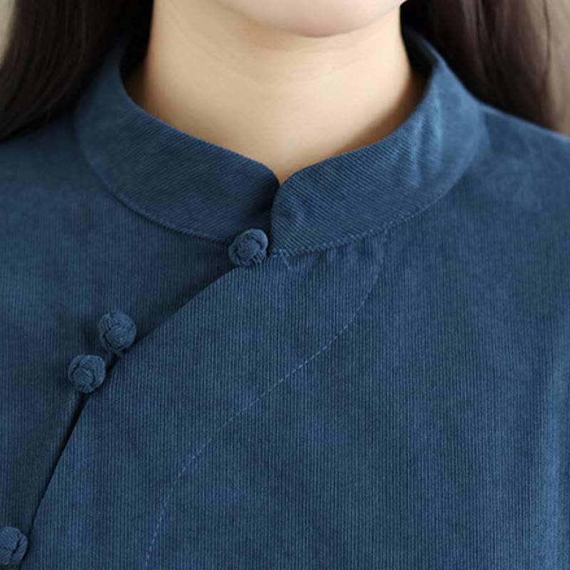 Buddha Stones Fall Vintage Tang Style Frog Button Solid Women's Long Sleeve Dress With Pocket - image 5