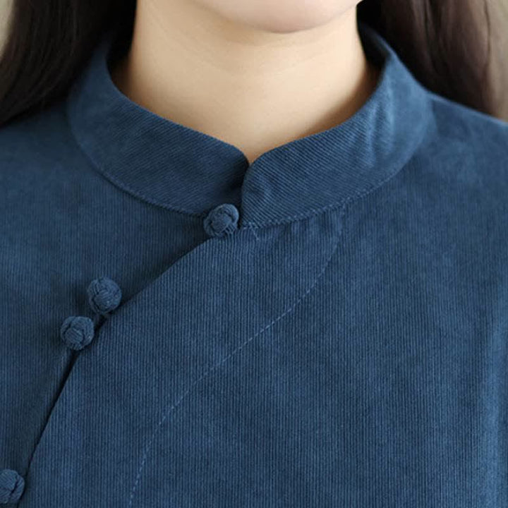 Buddha Stones Fall Vintage Tang Style Frog Button Solid Women's Long Sleeve Dress With Pocket - image 5
