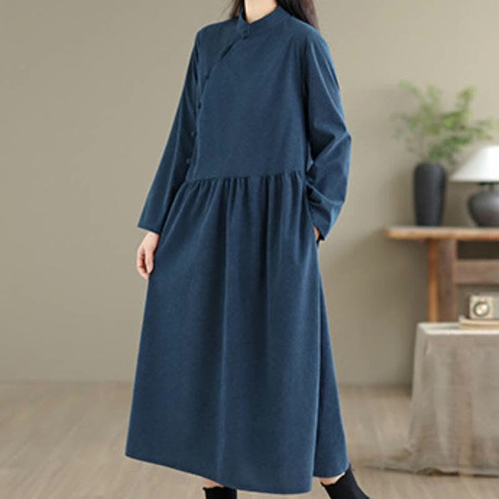 Buddha Stones Fall Vintage Tang Style Frog Button Solid Women's Long Sleeve Dress With Pocket - image 2