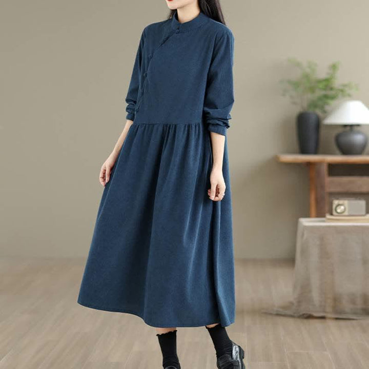 Buddha Stones Fall Vintage Tang Style Frog Button Solid Women's Long Sleeve Dress With Pocket - image 3