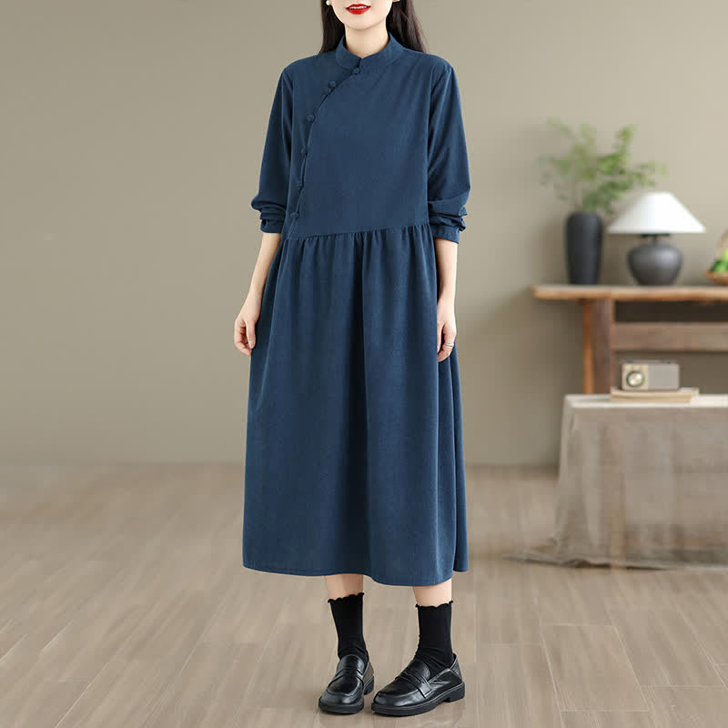Buddha Stones Fall Vintage Tang Style Frog Button Solid Women's Long Sleeve Dress With Pocket - image 1