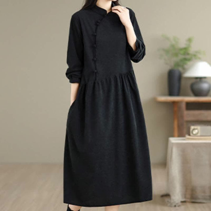 Buddha Stones Fall Vintage Tang Style Frog Button Solid Women's Long Sleeve Dress With Pocket - image 11