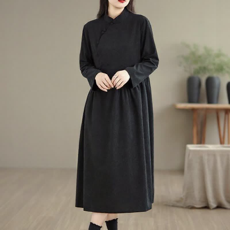 Buddha Stones Fall Vintage Tang Style Frog Button Solid Women's Long Sleeve Dress With Pocket - image 12
