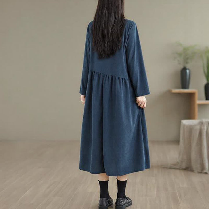 Buddha Stones Fall Vintage Tang Style Frog Button Solid Women's Long Sleeve Dress With Pocket - image 4