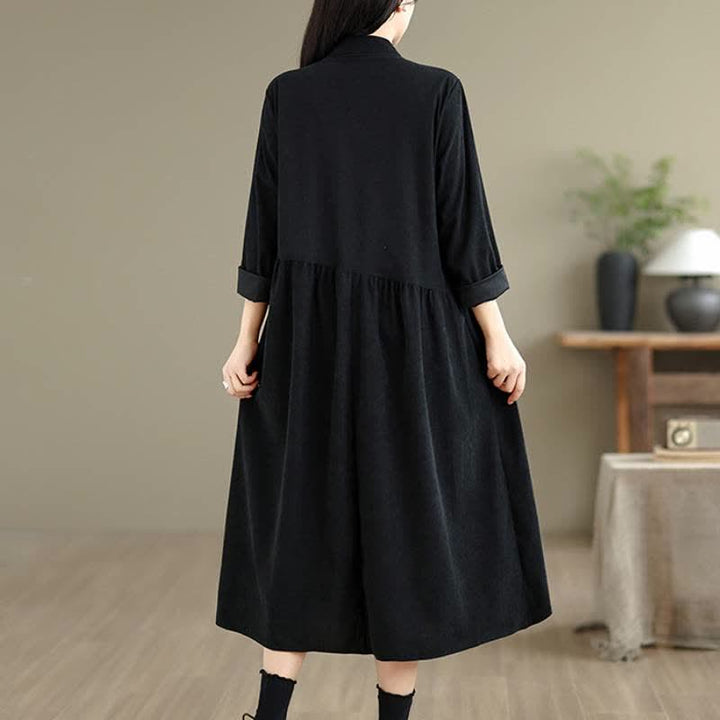 Buddha Stones Fall Vintage Tang Style Frog Button Solid Women's Long Sleeve Dress With Pocket - image 14