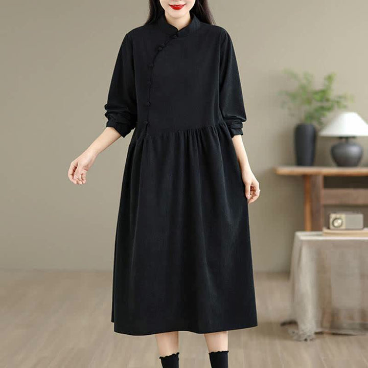 Buddha Stones Fall Vintage Tang Style Frog Button Solid Women's Long Sleeve Dress With Pocket - Black - US8-10, UK/AU12-14, EU40-42 (2XL) - image 10