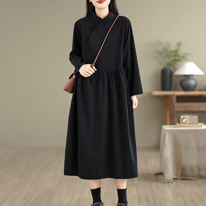 Buddha Stones Fall Vintage Tang Style Frog Button Solid Women's Long Sleeve Dress With Pocket - image 15