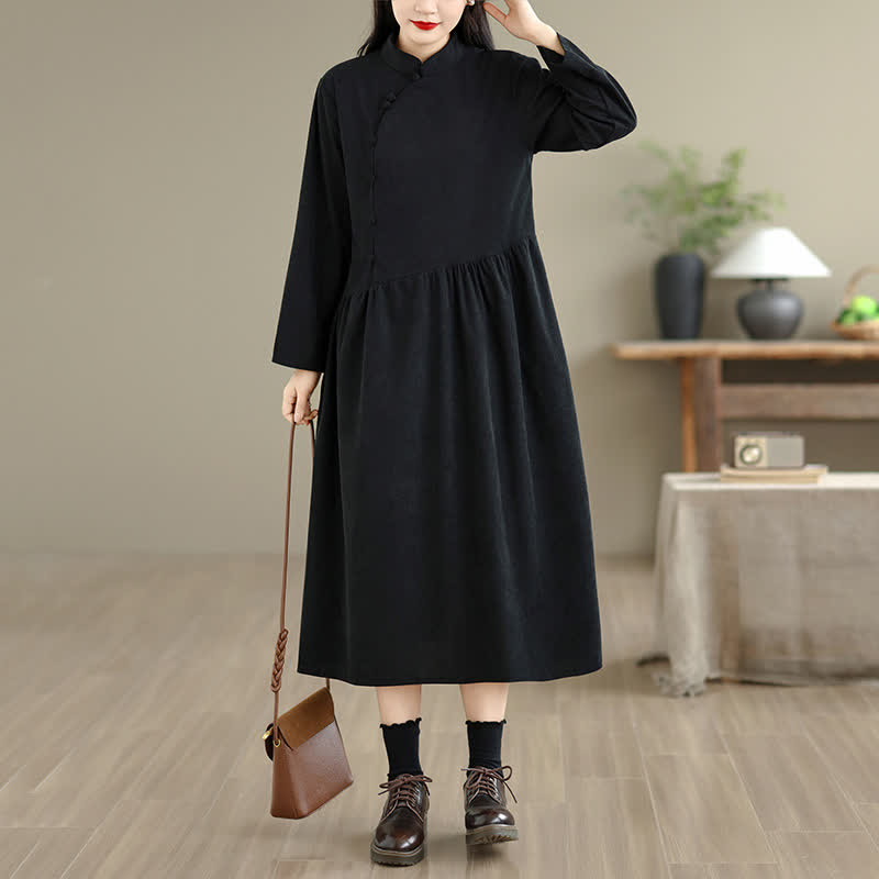 Buddha Stones Fall Vintage Tang Style Frog Button Solid Women's Long Sleeve Dress With Pocket - image 13