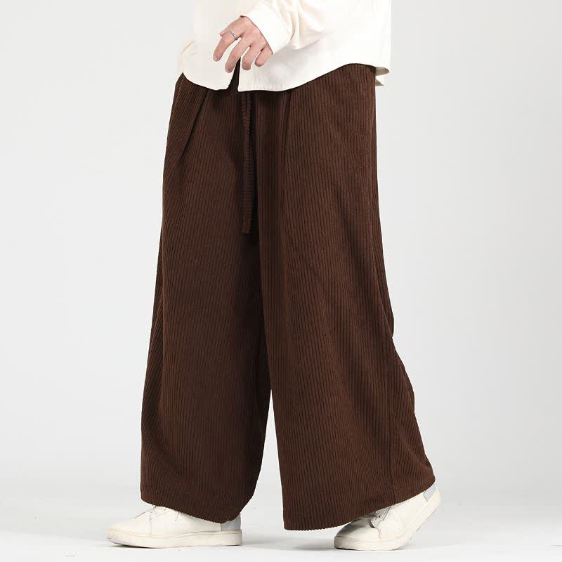 Buddha Stones Fall Winter Casual Vintage Drawstring Solid Corduroy Cropped Pants Men's Wide Leg Pants With Pockets - SaddleBrown - US/UK/AU48, EU58 (5XL) - image 0