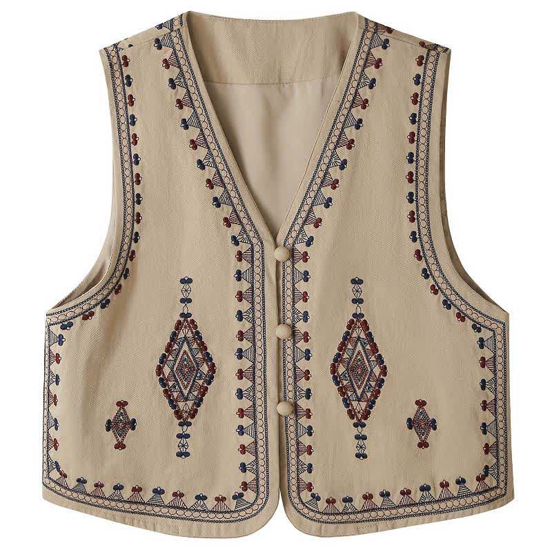 Buddha Stones Summer Boho Vintage Embroidery Geometric Tank Top Women's Sleeveless Shirts - Tan - US8-10, UK/AU12-14, EU40-42 (2XL) - image 0