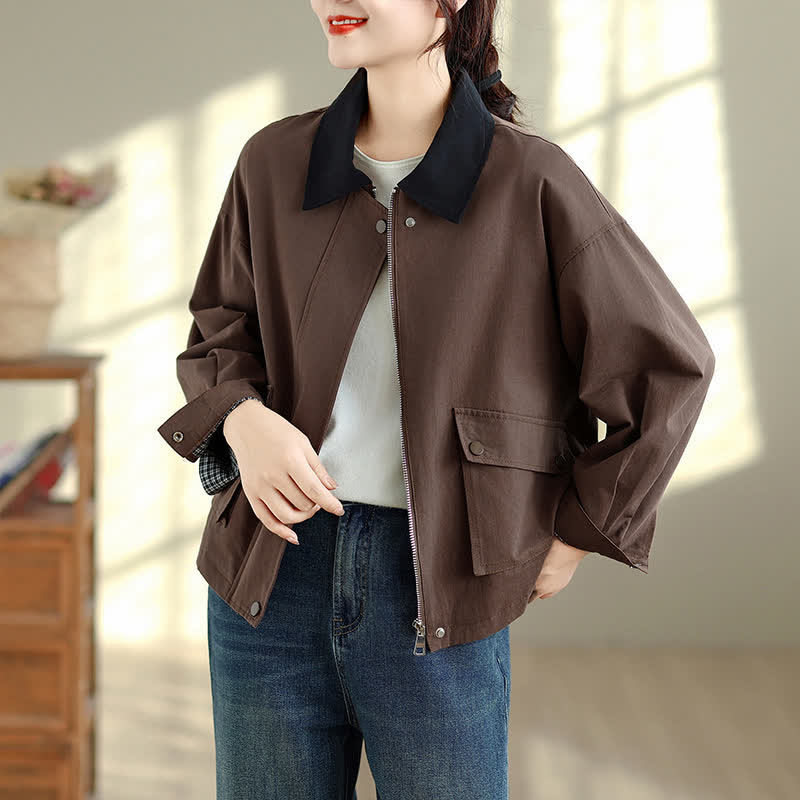 Buddha Stones Spring Fall Retro Minimalist Solid Women's Jacket With Pocket - SaddleBrown - US6, UK/AU10, EU38 (XL) - image 0