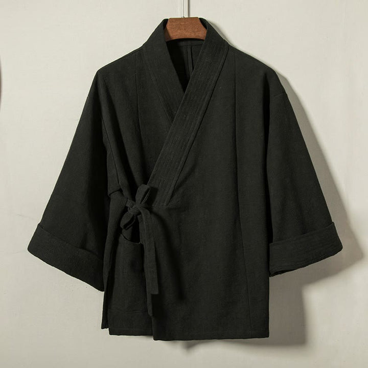Buddha Stones Fall Winter Minimalist Drawstring V-Neck Lace-up Solid Cotton Men's Kimono - Black - US/UK/AU44，EU54 (4XL) - image 8