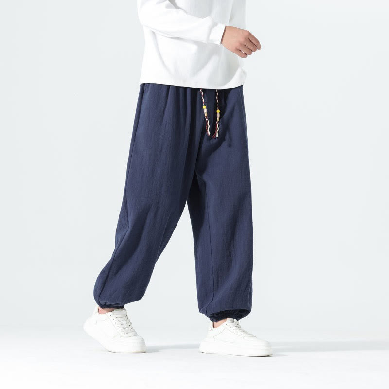 Buddha Stones Spring Summer Casual Minimalist Drawstring Solid Cotton Ankle Pants Men's Tapered Pants With Pockets - image 1