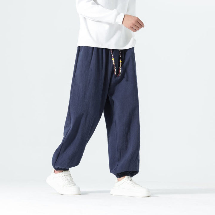 Buddha Stones Spring Summer Casual Minimalist Drawstring Solid Cotton Ankle Pants Men's Tapered Pants With Pockets - image 1
